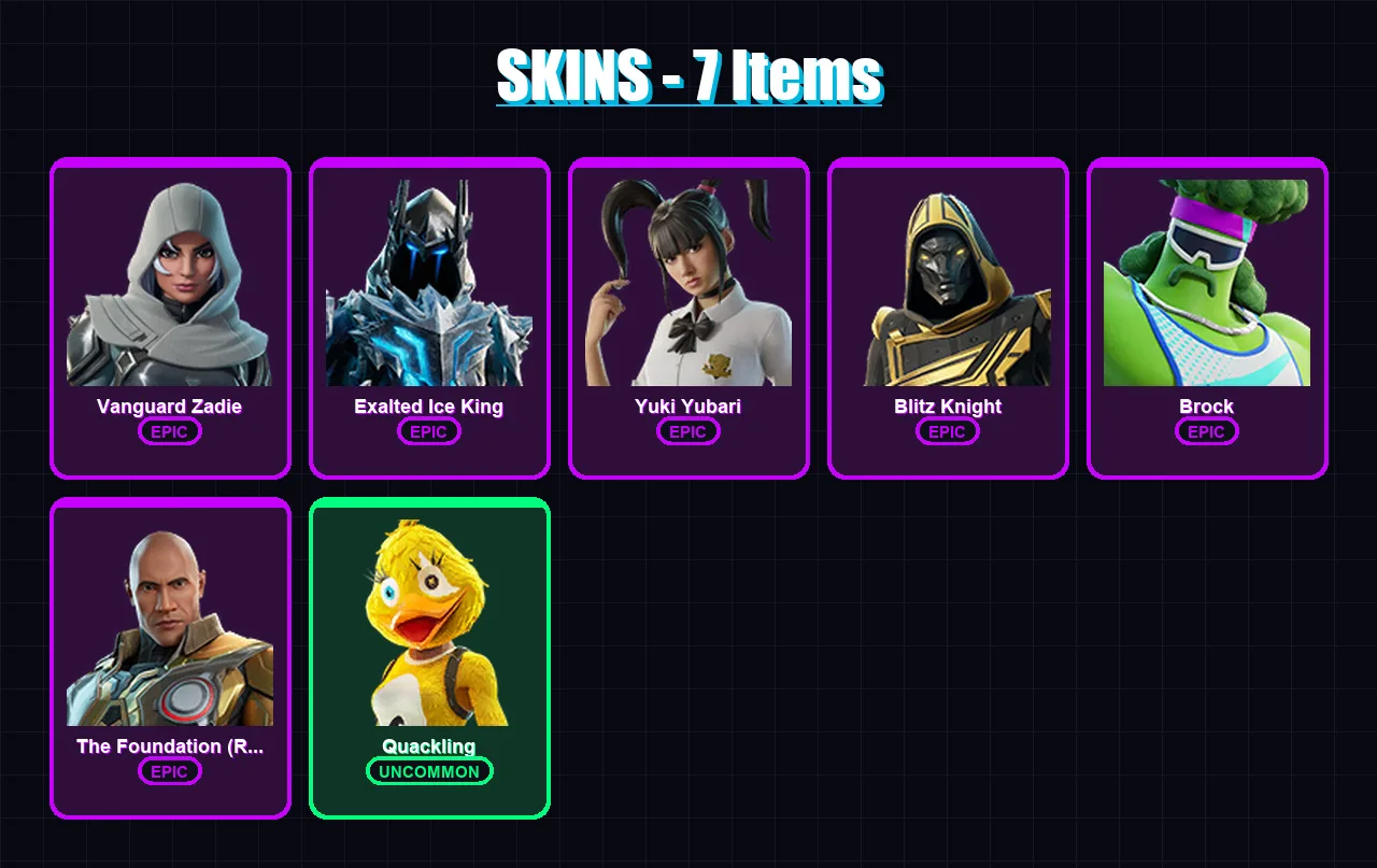 [PS4/PS5/XBOX/PC] | Vanguard Zadie | Exalted Ice King | Yuki Yubari | Blitz Knight | Brock | 7 skin | 51 pickaxe | 21 emote | 32 glider | Lv378