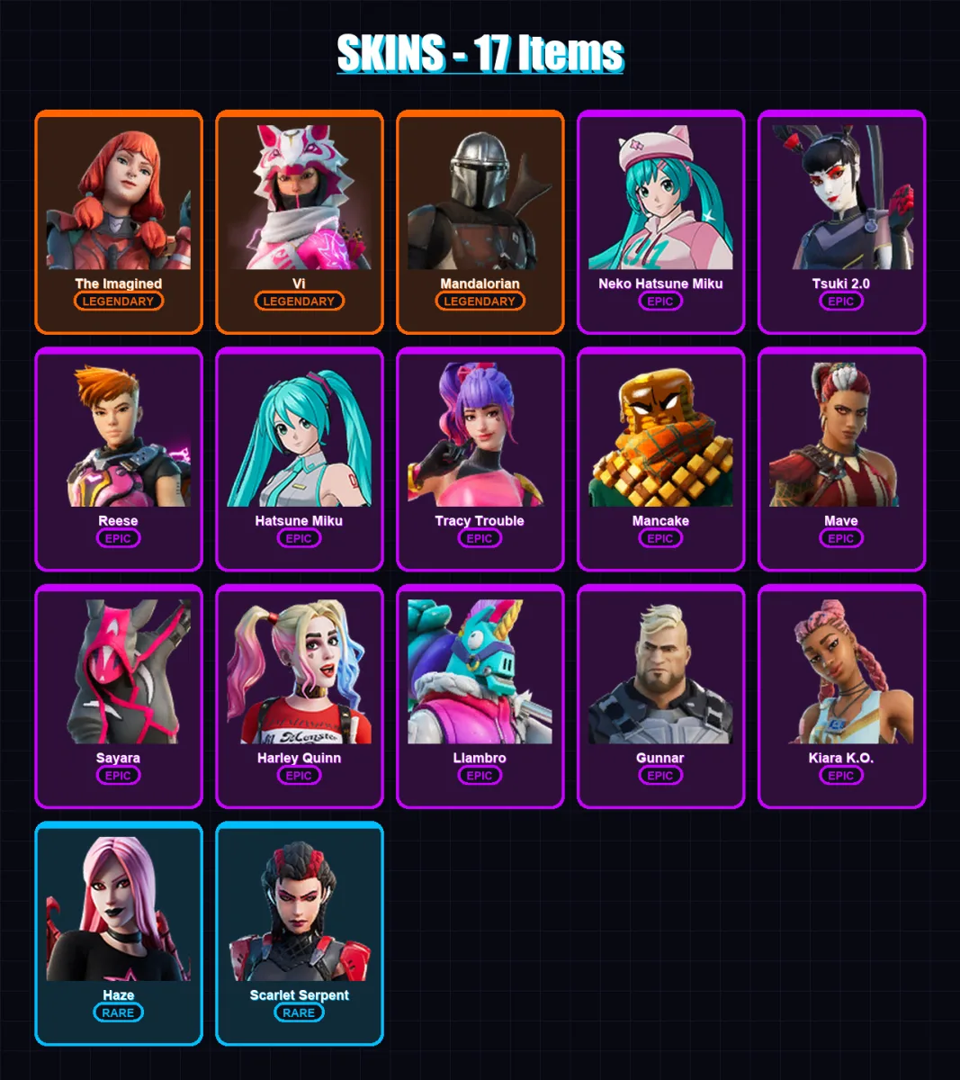 [PC/XBOX/PSN] | The Imagined | Vi | Mandalorian | Neko Hatsune Miku | Tsuki 2.0 | 17 skin | 19 pickaxe | 18 emote | 18 glider | Lv161