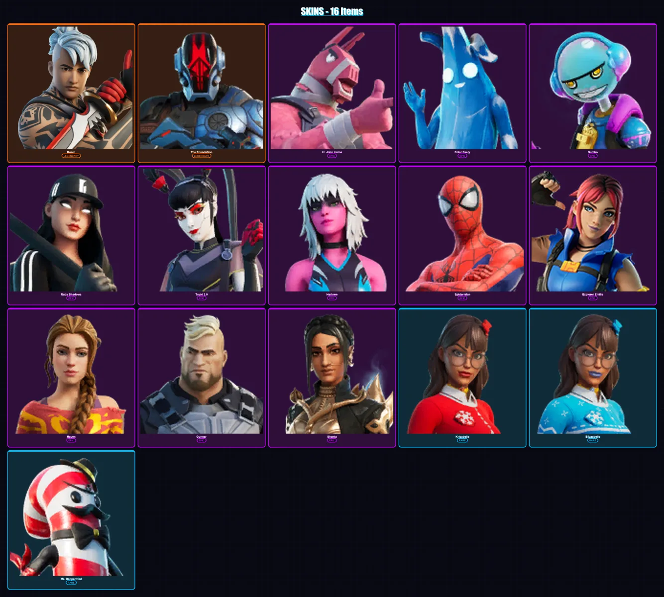 [PC/XBOX/PSN] | Ronin | The Foundation | Lt. John Llama | Polar Peely | Gumbo | 16 skin | 31 pickaxe | 21 emote | 29 glider | Lv682