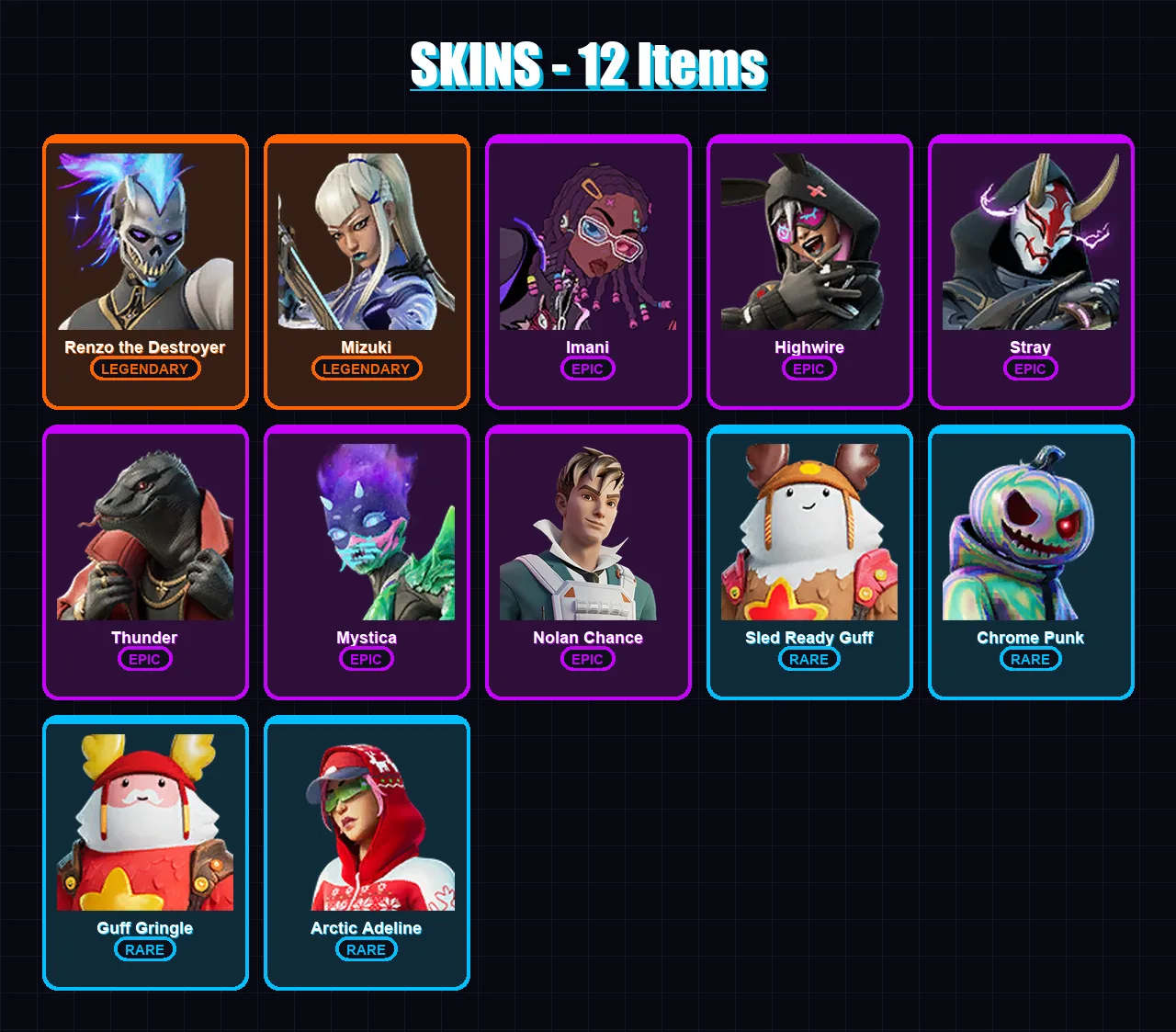 [PC/XBOX/PSN] | Renzo the Destroyer | Mizuki | Imani | Highwire | Stray | 12 skin | 20 pickaxe | 19 emote | 25 glider | Lv461