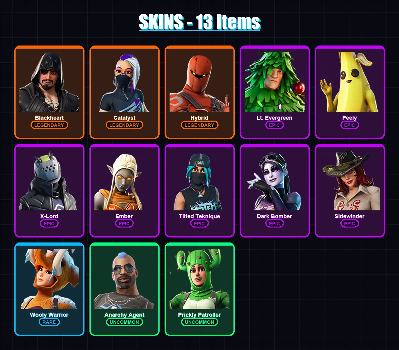 [PC/XBOX/PSN] | Blackheart | Catalyst | Hybrid | Lt. Evergreen | Peely | 13 skin | 14 pickaxe | 35 emote | 23 glider | Lv321