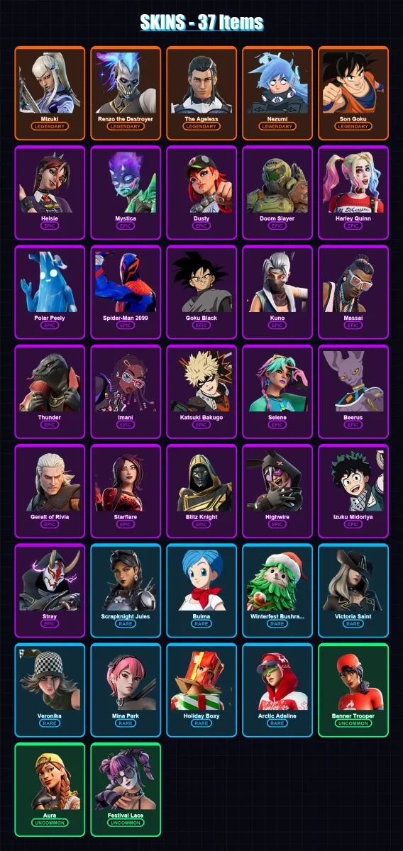[PS4/PS5/XBOX/PC] | Mizuki | Renzo the Destroyer | The Ageless | Nezumi | Son Goku | 37 skin | 45 pickaxe | 25 emote | 40 glider | Lv437