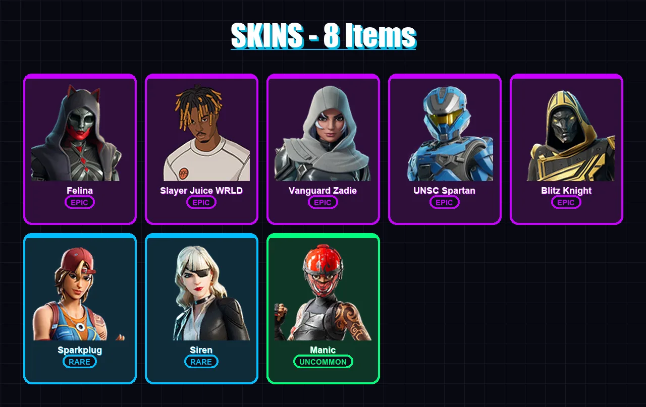 [PC/XBOX/PSN] | Felina | Slayer Juice WRLD | Vanguard Zadie | UNSC Spartan | Blitz Knight | 8 skin | 51 pickaxe | 24 emote | 26 glider | Lv535