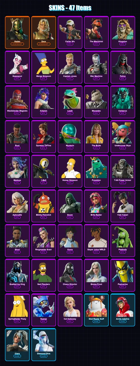 [PC/XBOX/PSN] | Hades | Zeus | Carter Wu | The Machinist | Kingston | 47 skin | 84 pickaxe | 49 emote | 56 glider | Lv721