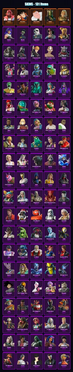 [PC/PSN] | Valeria | Son Goku | Peter Griffin | Hades | Zeus | 131 skin | 211 pickaxe | 125 emote | 114 glider | Lv2763