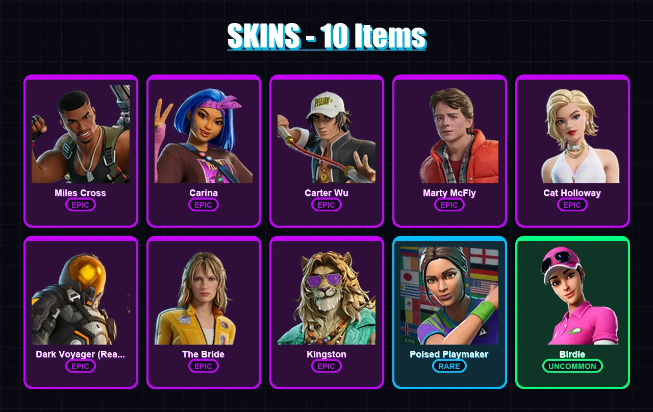 [PC/XBOX/PSN] | Miles Cross | Carina | Carter Wu | Marty McFly | Cat Holloway | 10 skin | 22 pickaxe | 14 emote | 19 glider | Lv270