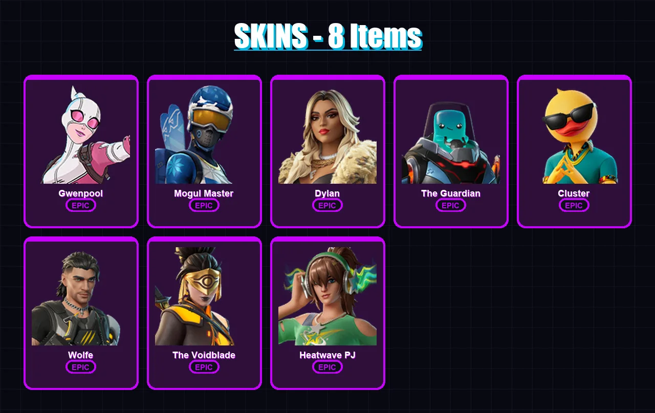 [PC/XBOX/PSN] | Gwenpool | Mogul Master | Dylan | The Guardian | Cluster | 8 skin | 9 pickaxe | 10 emote | 10 glider | Lv90