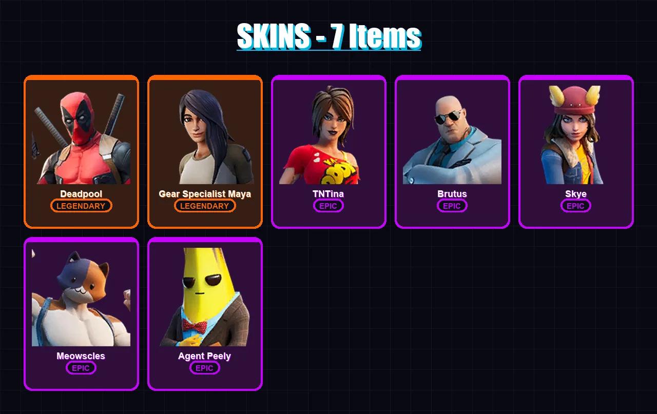 [PC/XBOX/PSN] | Deadpool | Gear Specialist Maya | TNTina | Brutus | Skye | 7 skin | 6 pickaxe | 8 emote | 10 glider | Lv84