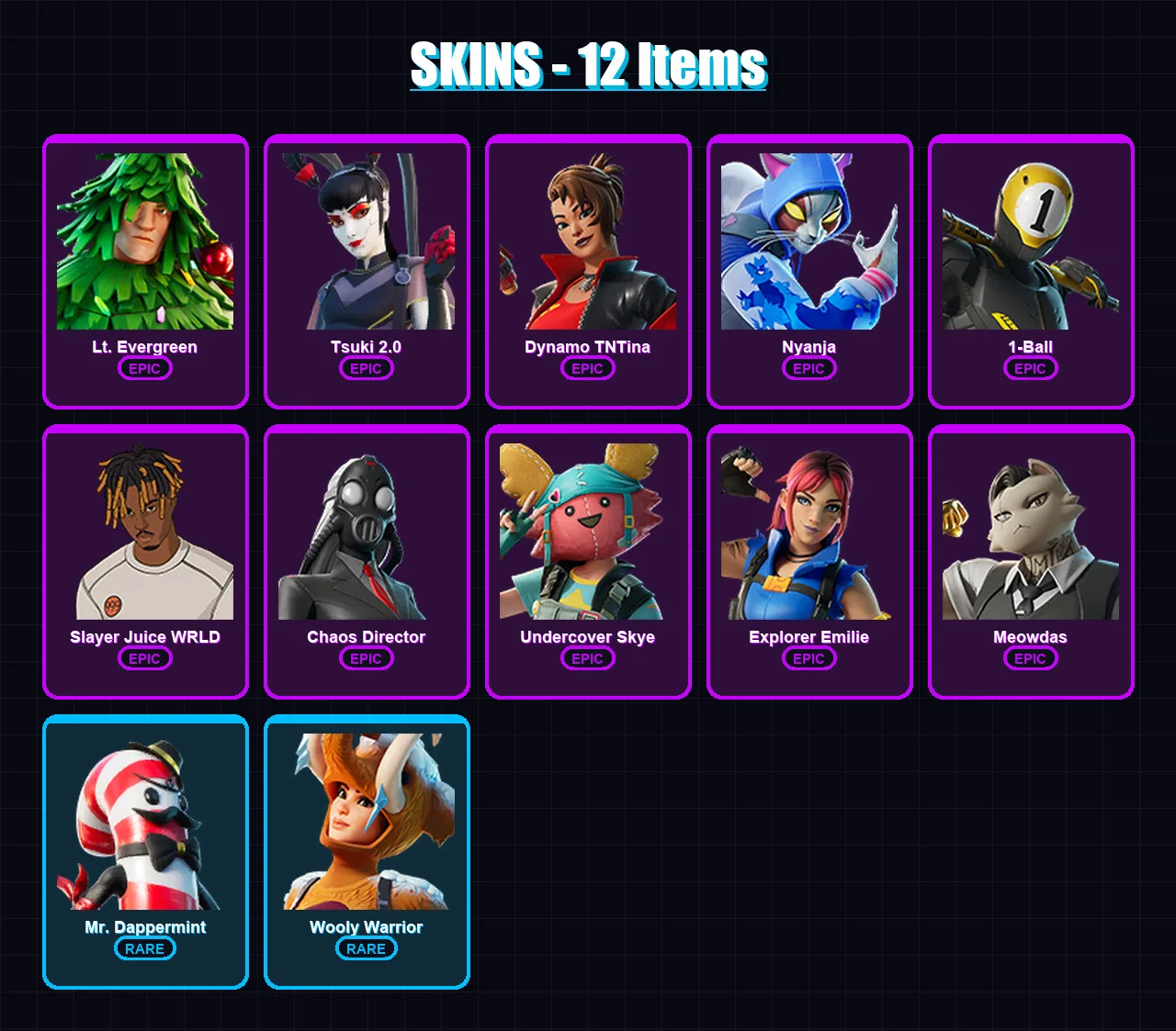 [PC/XBOX/PSN] | Lt. Evergreen | Tsuki 2.0 | Dynamo TNTina | Nyanja | 1-Ball | 12 skin | 28 pickaxe | 25 emote | 34 glider | Lv456
