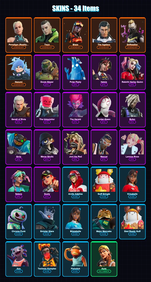 [PC/XBOX/PSN] | Paradigm (Reality-659) | Twyn | Blaze | The Ageless | Driftwalker | 34 skin | 42 pickaxe | 30 emote | 40 glider | Lv603