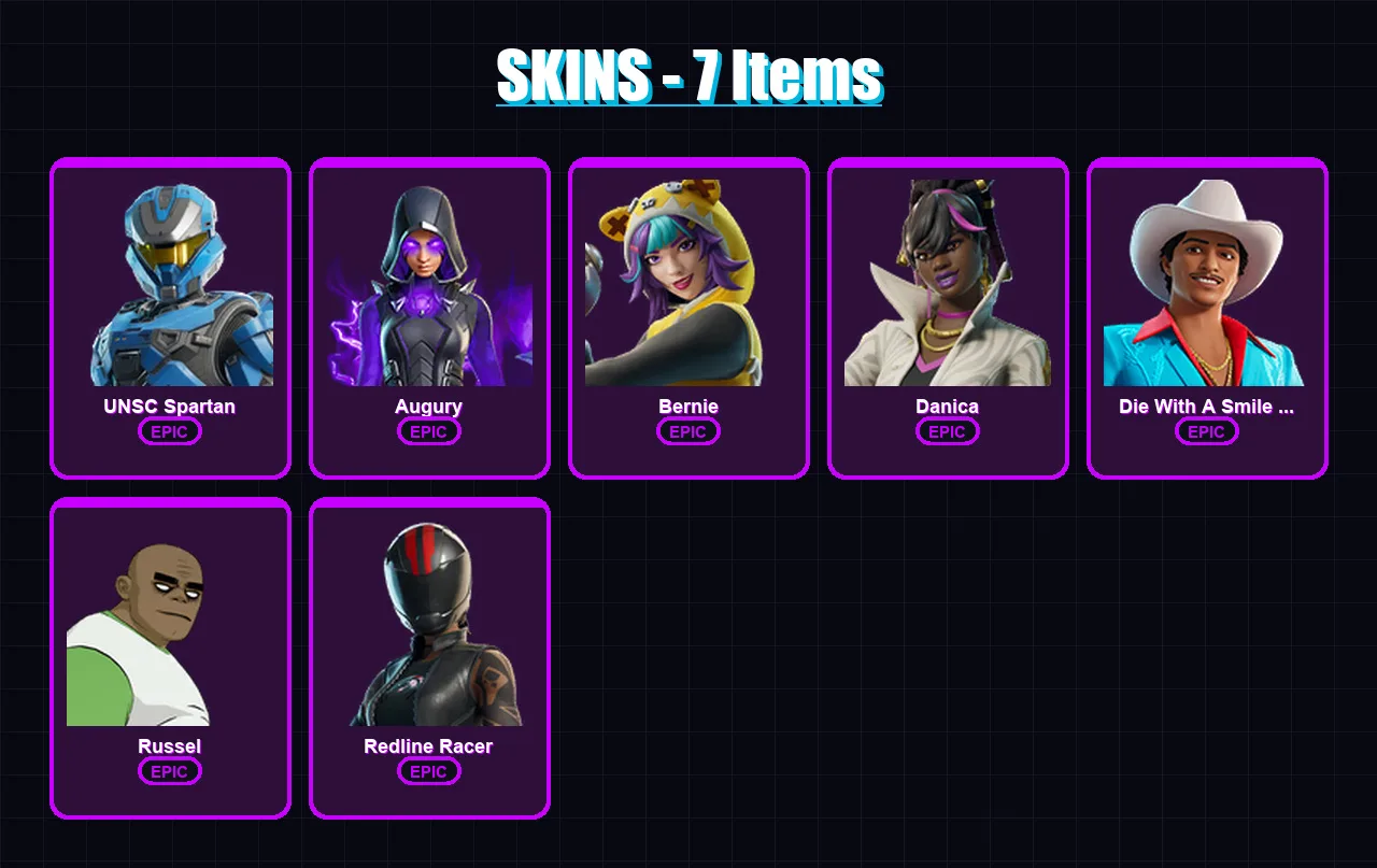 [PC/XBOX/PSN] | UNSC Spartan | Augury | Bernie | Danica | Die With A Smile Bruno | 7 skin | 6 pickaxe | 5 emote | 4 glider | Lv16