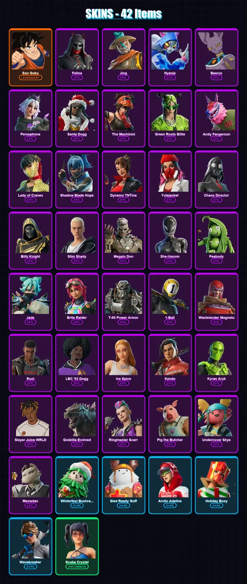 [PC/PSN] | Son Goku | Felina | Jing | Nyanja | Beerus | 42 skin | 71 pickaxe | 40 emote | 52 glider | Lv686