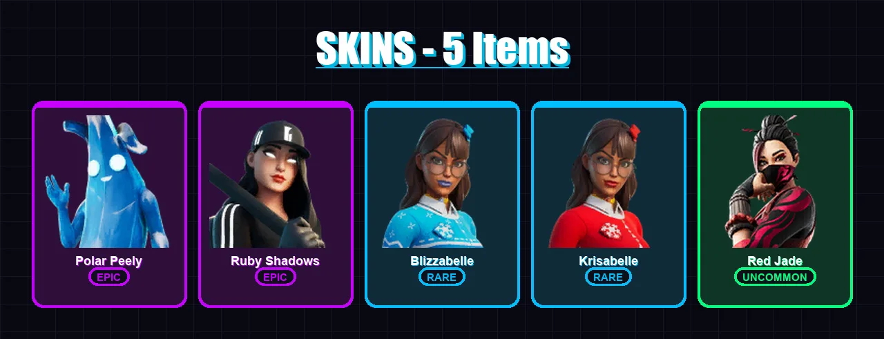 [PC/XBOX/PSN] | Polar Peely | Ruby Shadows | Blizzabelle | Krisabelle | Red Jade | 5 skin | 9 pickaxe | 10 emote | 10 glider | Lv159