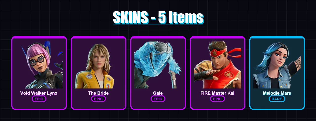 [PC/PSN] | Void Walker Lynx | The Bride | Gale | FIRE Master Kai | Melodie Mars | 5 skin | 12 pickaxe | 6 emote | 10 glider | Lv56