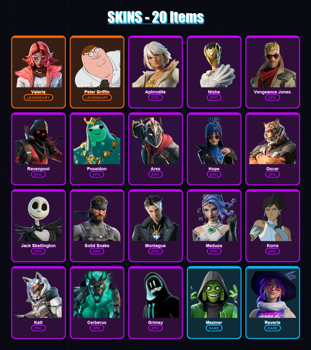 [PC/PSN] | Valeria | Peter Griffin | Aphrodite | Nisha | Vengeance Jones | 20 skin | 22 pickaxe | 24 emote | 13 glider | Lv173