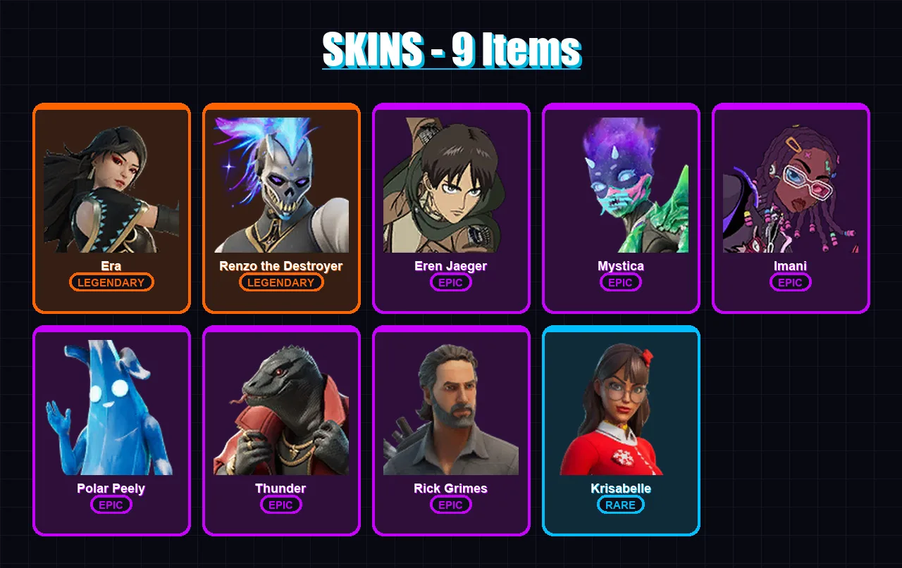 [PS4/PS5/XBOX/PC] | Era | Renzo the Destroyer | Eren Jaeger | Mystica | Imani | 9 skin | 29 pickaxe | 21 emote | 30 glider | Lv472