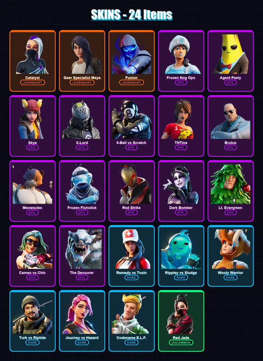 [SWITCH/XBOX/PSN/PC] | Catalyst | Gear Specialist Maya | Fusion | Frozen Nog Ops | Agent Peely | 24 skin | 24 pickaxe | 28 emote | 25 glider | Lv459