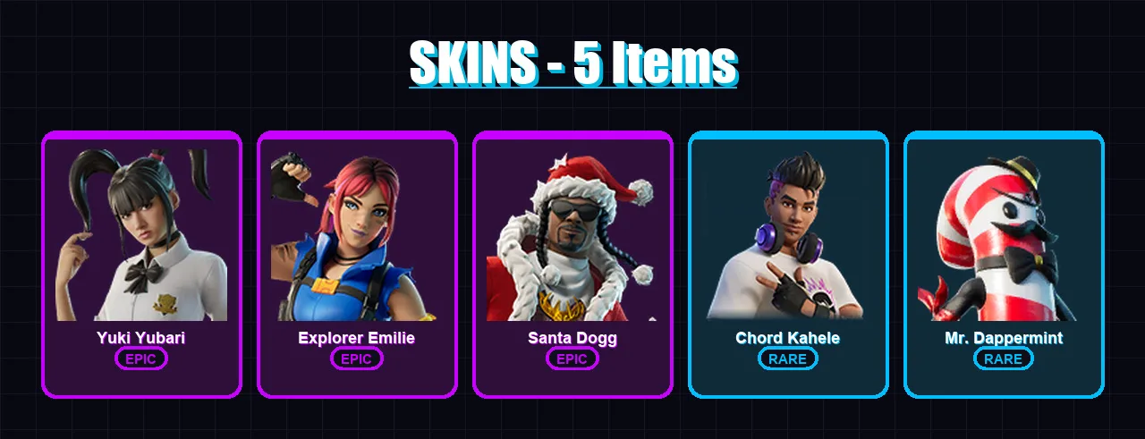 [SWITCH/XBOX/PSN/PC] | Yuki Yubari | Explorer Emilie | Santa Dogg | Chord Kahele | Mr. Dappermint | 5 skin | 27 pickaxe | 13 emote | 15 glider | Lv1