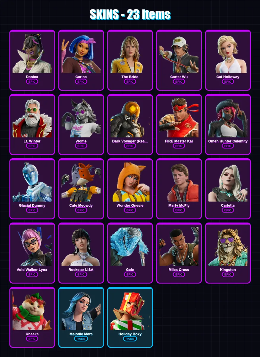 [PC/PSN] | Danica | Carina | The Bride | Carter Wu | Cat Holloway | 23 skin | 26 pickaxe | 19 emote | 15 glider | Lv209