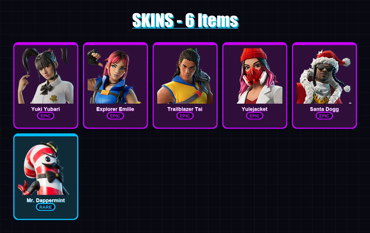 [PC/XBOX/PSN] | Yuki Yubari | Explorer Emilie | Trailblazer Tai | Yulejacket | Santa Dogg | 6 skin | 42 pickaxe | 19 emote | 25 glider | Lv493