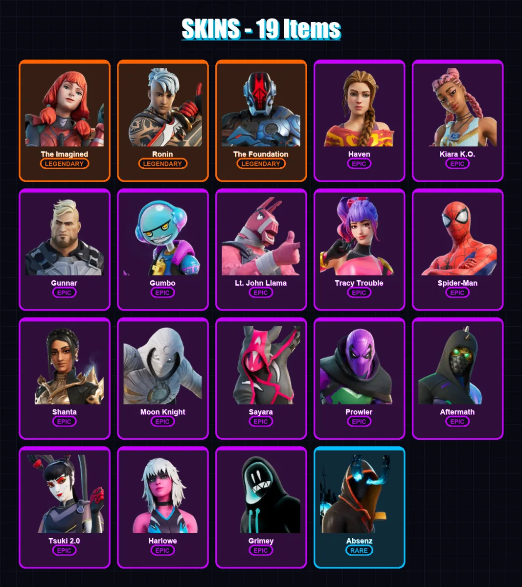 [PC/PSN] | The Imagined | Ronin | The Foundation | Haven | Kiara K.O. | 19 skin | 19 pickaxe | 13 emote | 16 glider | Lv174