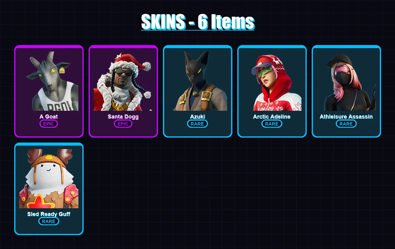 [PC/XBOX/PSN] | A Goat | Santa Dogg | Azuki | Arctic Adeline | Athleisure Assassin | 6 skin | 14 pickaxe | 6 emote | 14 glider | Lv165