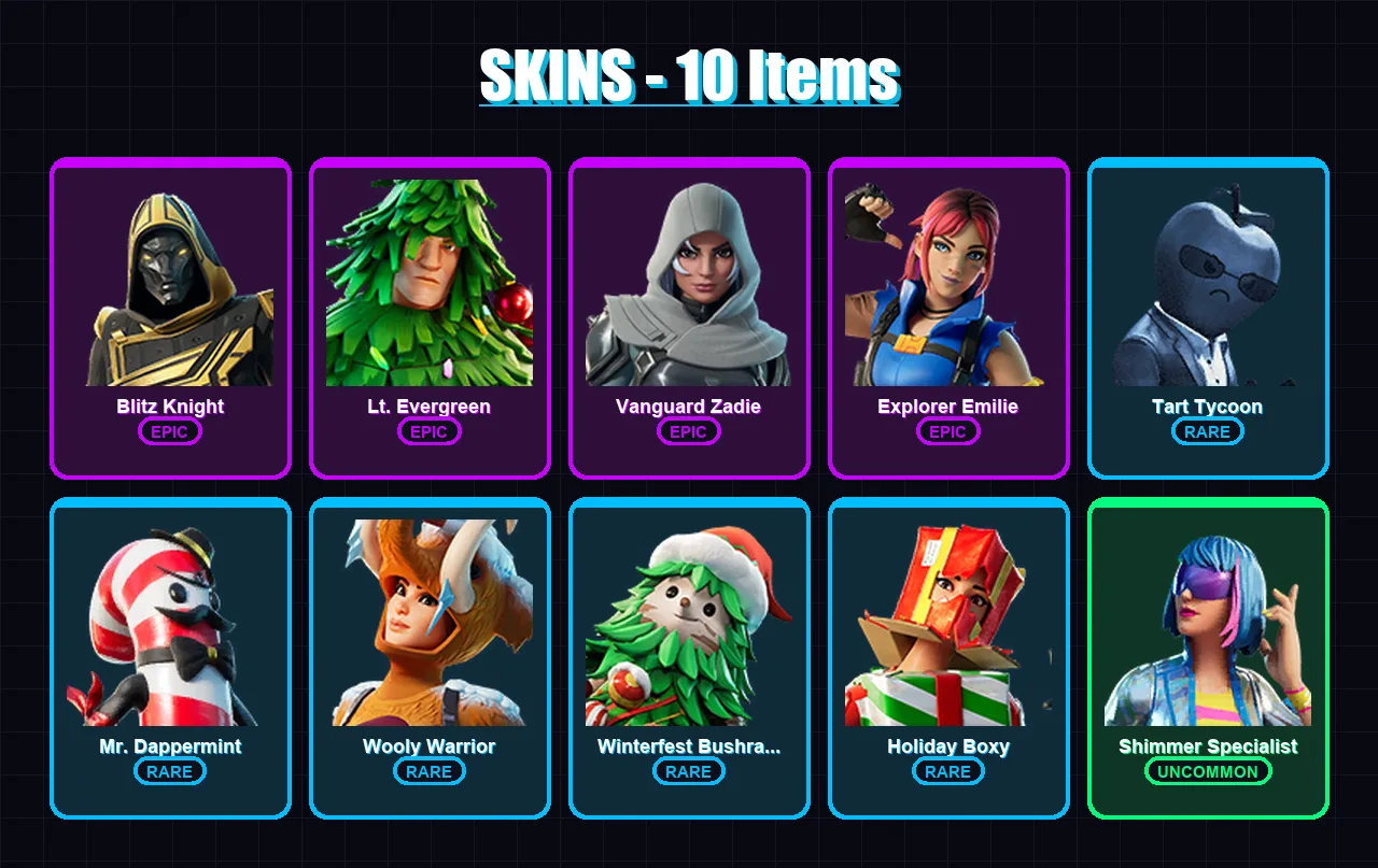 [PC/XBOX/PSN] | Blitz Knight | Lt. Evergreen | Vanguard Zadie | Explorer Emilie | Tart Tycoon | 10 skin | 55 pickaxe | 37 emote | 48 glider | Lv1024