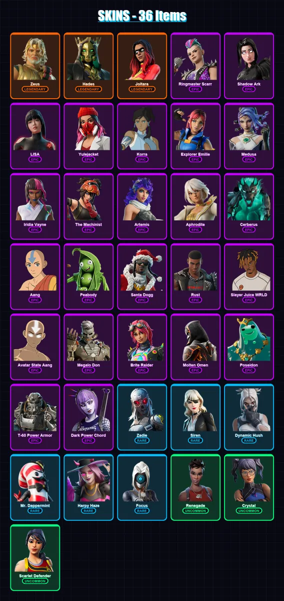 [PC/XBOX/PSN] | Zeus | Hades | Joltara | Ringmaster Scarr | Shadow Ark | 36 skin | 67 pickaxe | 34 emote | 40 glider | Lv612