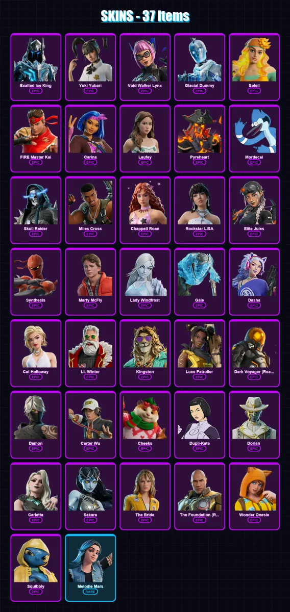 [PC/PSN] | Exalted Ice King | Yuki Yubari | Void Walker Lynx | Glacial Dummy | Soleil | 37 skin | 75 pickaxe | 33 emote | 40 glider | Lv533