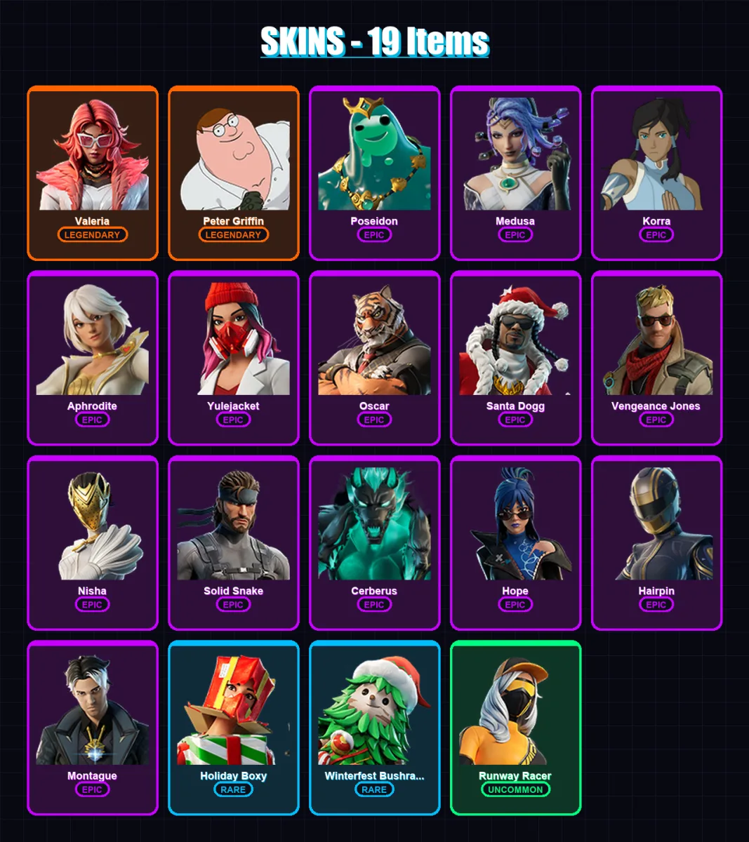 [PS4/PS5/XBOX/PC] | Valeria | Peter Griffin | Poseidon | Medusa | Korra | 19 skin | 35 pickaxe | 30 emote | 37 glider | Lv616