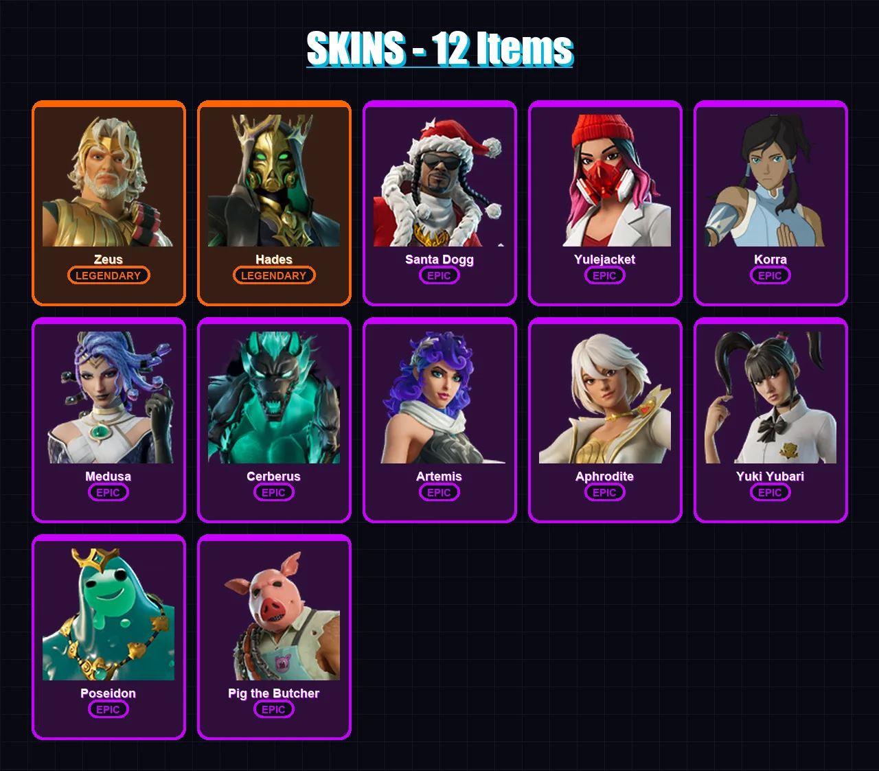 [PC/PSN] | Zeus | Hades | Santa Dogg | Yulejacket | Korra | 12 skin | 30 pickaxe | 21 emote | 20 glider | Lv292