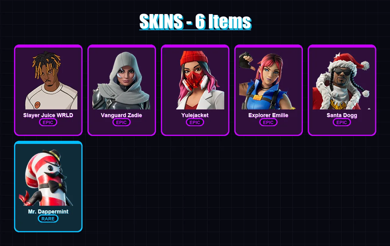 [PC/XBOX/PSN] | Slayer Juice WRLD | Vanguard Zadie | Yulejacket | Explorer Emilie | Santa Dogg | 6 skin | 32 pickaxe | 11 emote | 21 glider | Lv342
