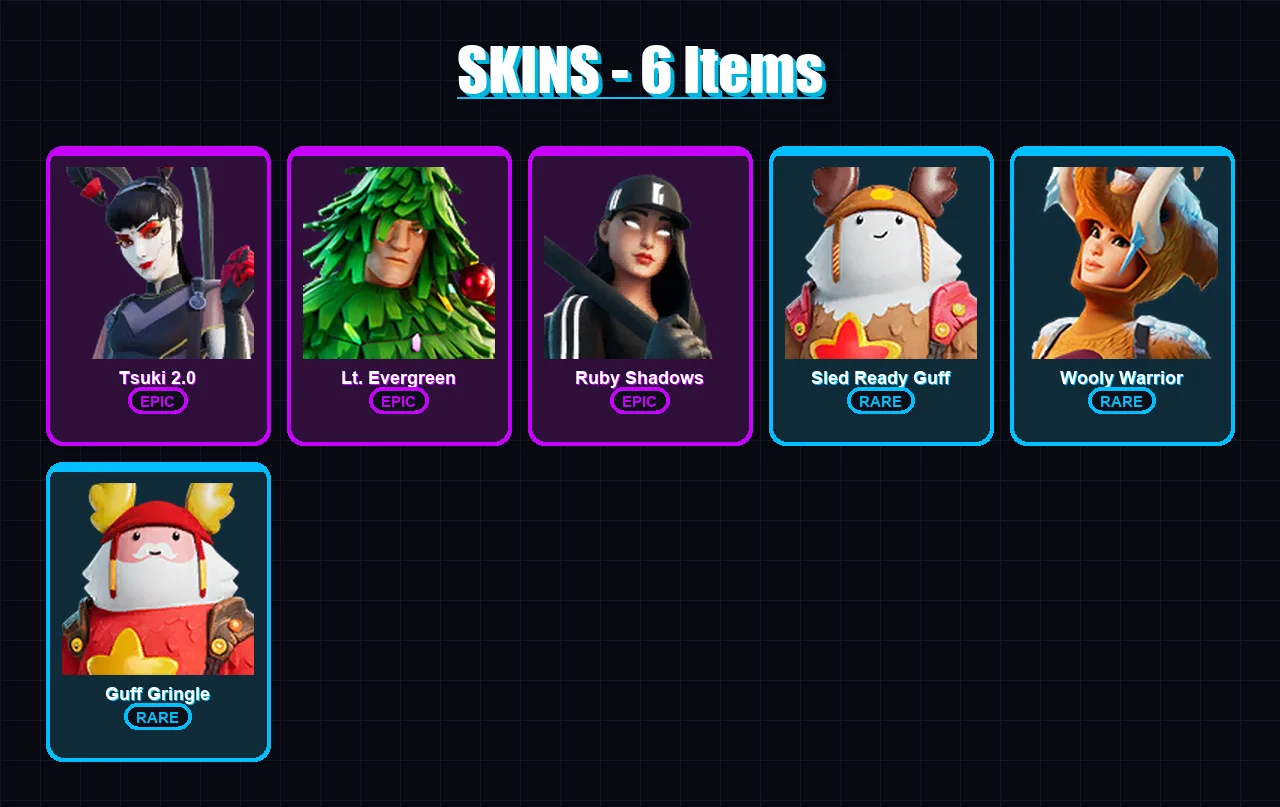 [PC/XBOX/PSN] | Tsuki 2.0 | Lt. Evergreen | Ruby Shadows | Sled Ready Guff | Wooly Warrior | 6 skin | 22 pickaxe | 20 emote | 31 glider | Lv448