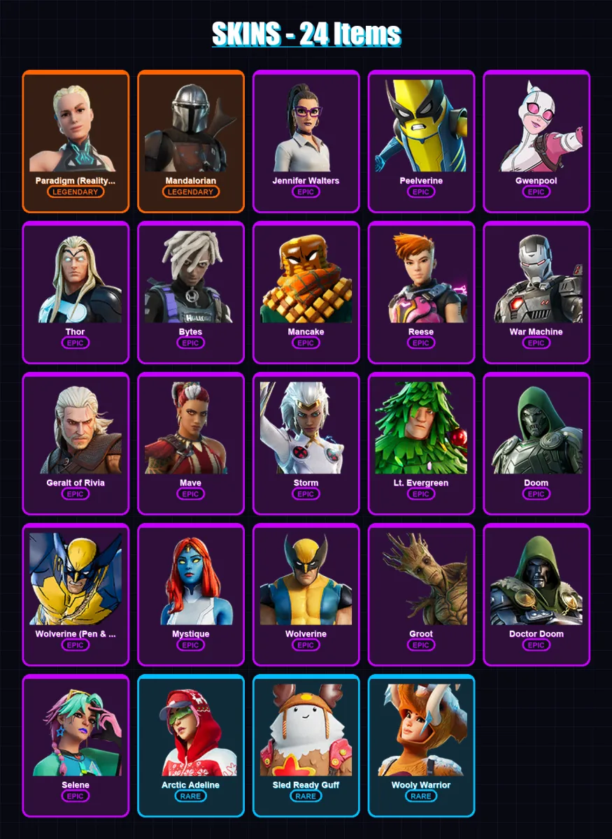 [PC/XBOX/PSN] | Paradigm (Reality-659) | Mandalorian | Jennifer Walters | Peelverine | Gwenpool | 24 skin | 35 pickaxe | 31 emote | 40 glider | Lv66 — Fortnite account