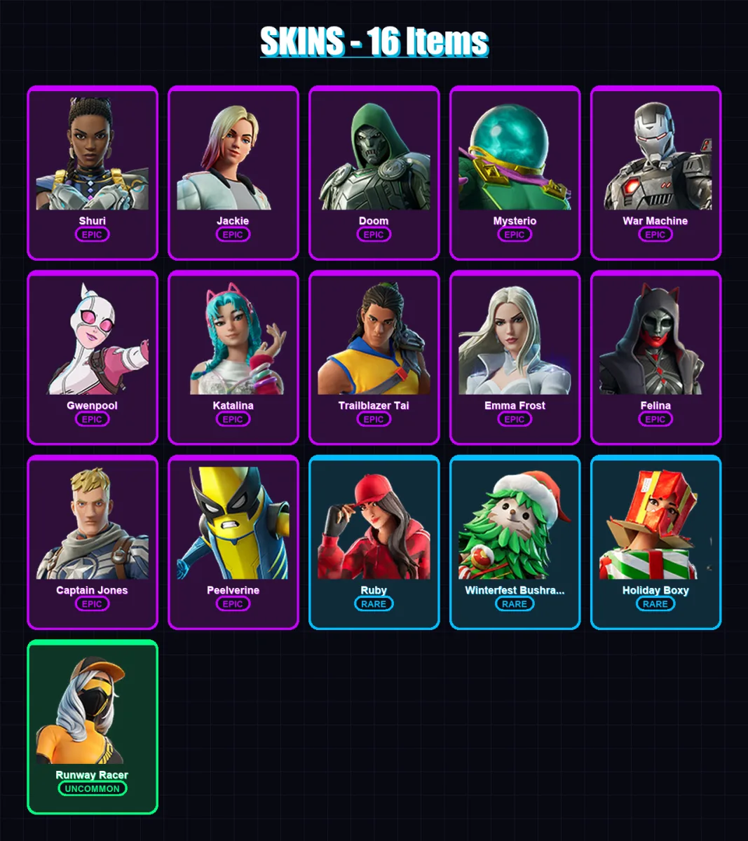 [PC/XBOX/PSN] | Shuri | Jackie | Doom | Mysterio | War Machine | 16 skin | 23 pickaxe | 18 emote | 21 glider | Lv448