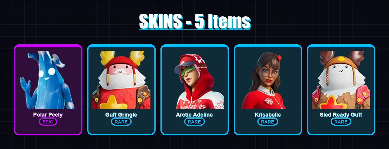 [PC/XBOX/PSN] | Polar Peely | Guff Gringle | Arctic Adeline | Krisabelle | Sled Ready Guff | 5 skin | 9 pickaxe | 8 emote | 6 glider | Lv70