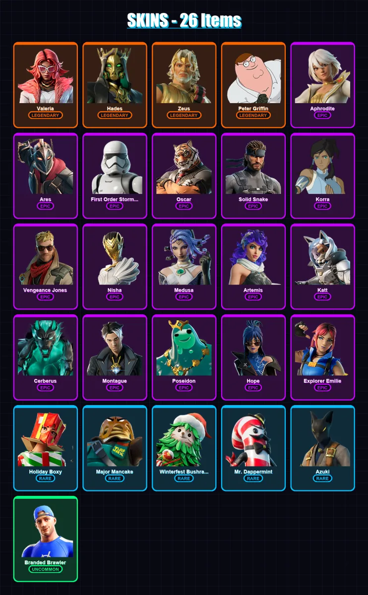 [PC/PSN] | Valeria | Hades | Zeus | Peter Griffin | Aphrodite | 26 skin | 39 pickaxe | 29 emote | 36 glider | Lv553