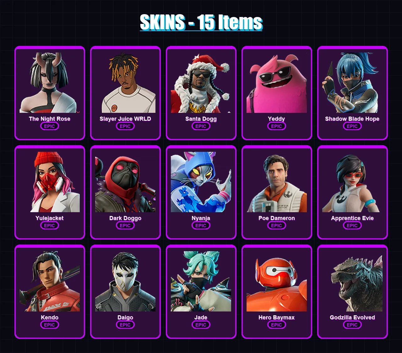 [PC/XBOX/PSN] | The Night Rose | Slayer Juice WRLD | Santa Dogg | Yeddy | Shadow Blade Hope | 15 skin | 60 pickaxe | 29 emote | 47 glider | Lv542