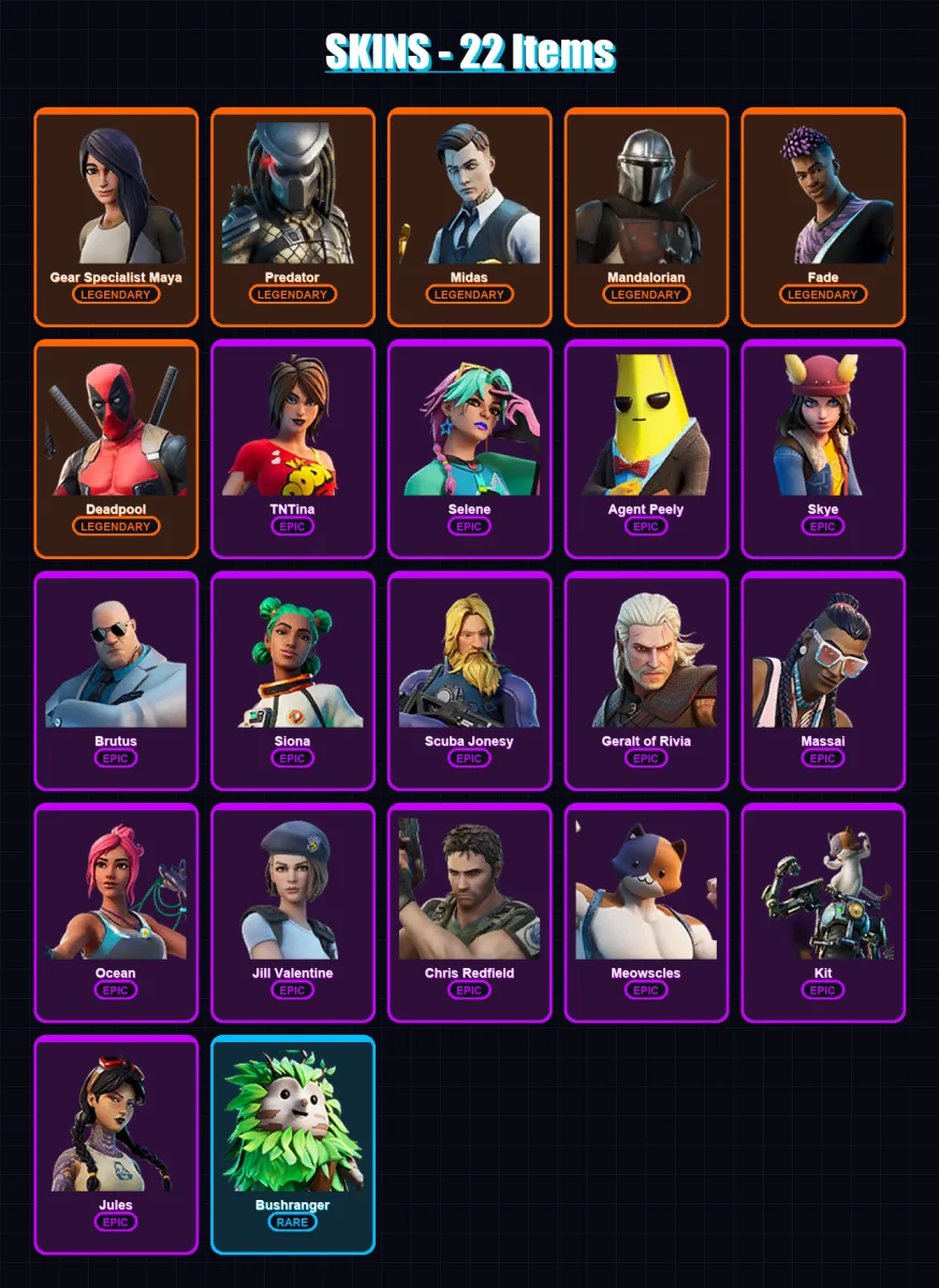 [PC/PSN] | Gear Specialist Maya | Predator | Midas | Mandalorian | Fade | 22 skin | 24 pickaxe | 21 emote | 29 glider | Lv363