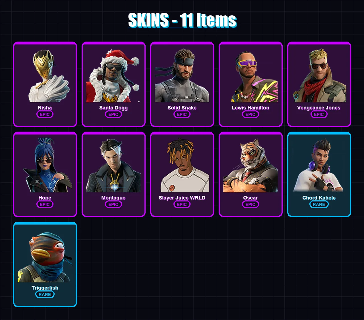 [PC/PSN] | Nisha | Santa Dogg | Solid Snake | Lewis Hamilton | Vengeance Jones | 11 skin | 27 pickaxe | 15 emote | 21 glider | Lv196