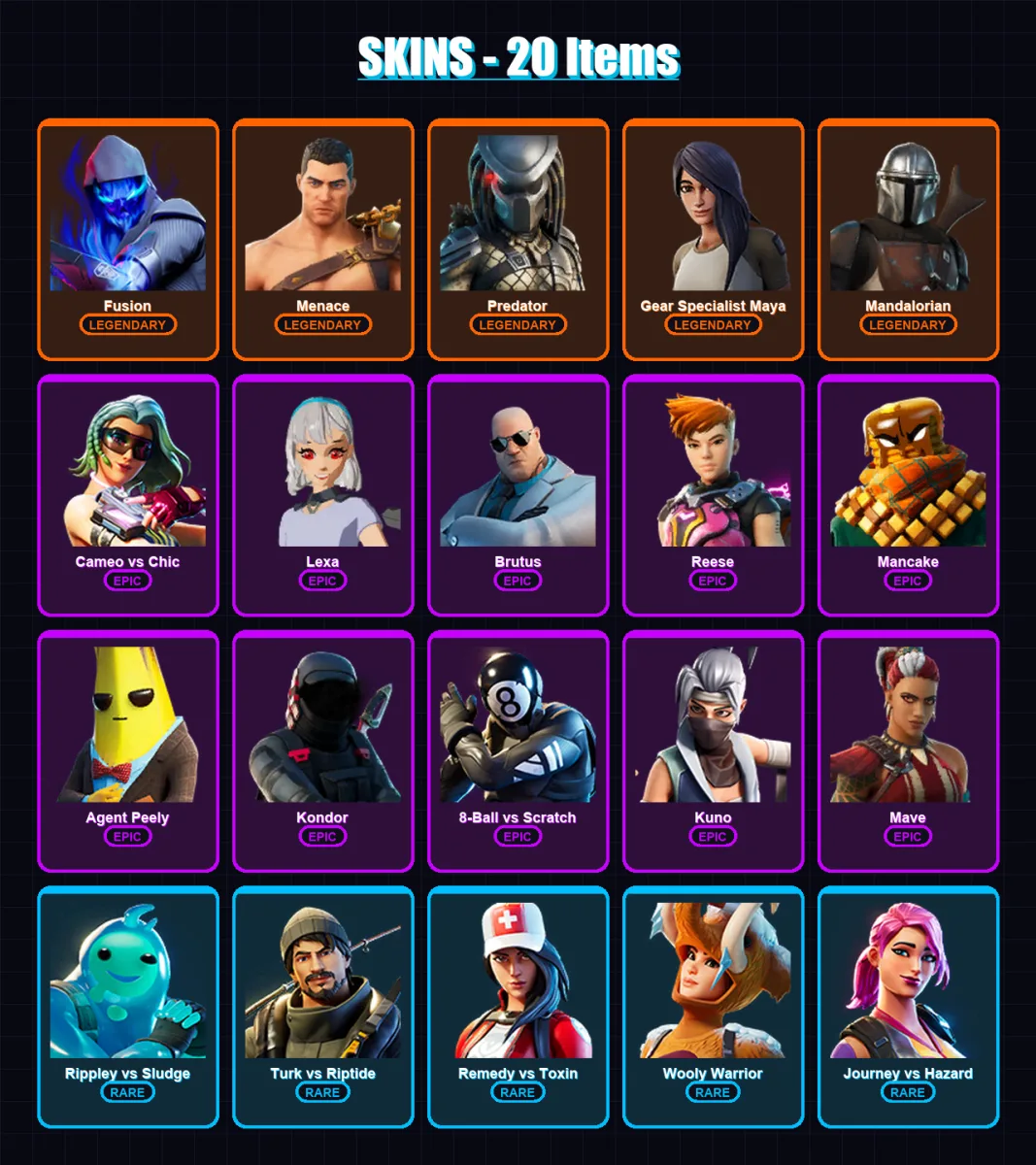 [PC/XBOX/PSN] | Fusion | Menace | Predator | Gear Specialist Maya | Mandalorian | 20 skin | 24 pickaxe | 21 emote | 22 glider | Lv301