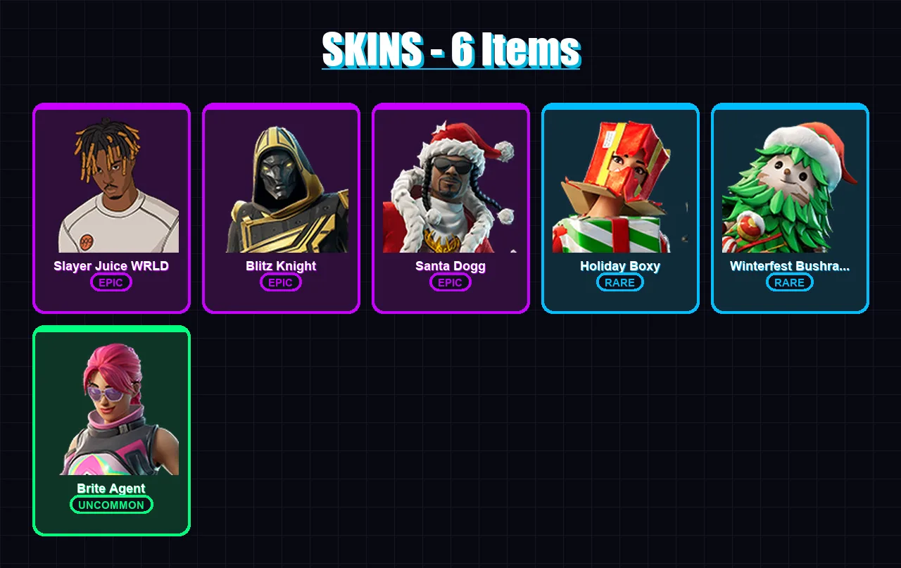 [PC] | Slayer Juice WRLD | Blitz Knight | Santa Dogg | Holiday Boxy | Winterfest Bushranger | 6 skin | 66 pickaxe | 23 emote | 46 glider | Lv672
