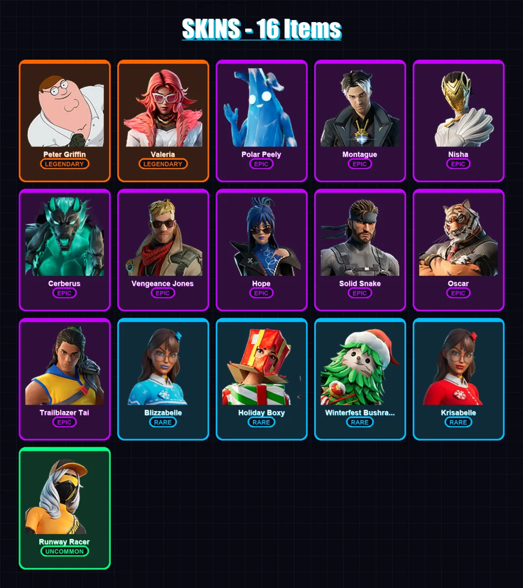 [PC/XBOX/PSN] | Peter Griffin | Valeria | Polar Peely | Montague | Nisha | 16 skin | 24 pickaxe | 24 emote | 22 glider | Lv459