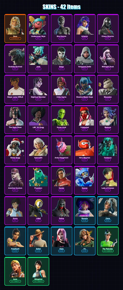 [PC/XBOX/PSN] | Zeus | Undercover Skye | She-Venom | Artemis | Chaos Director | 42 skin | 81 pickaxe | 39 emote | 42 glider | Lv706 — Fortnite account