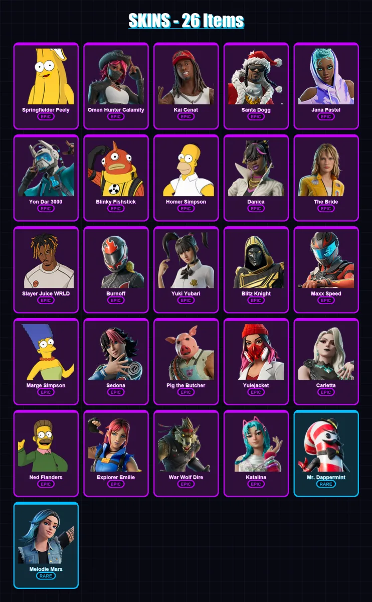 [PC/PSN] | Springfielder Peely | Omen Hunter Calamity | Kai Cenat | Santa Dogg | Jana Pastel | 26 skin | 60 pickaxe | 28 emote | 33 glider | Lv356