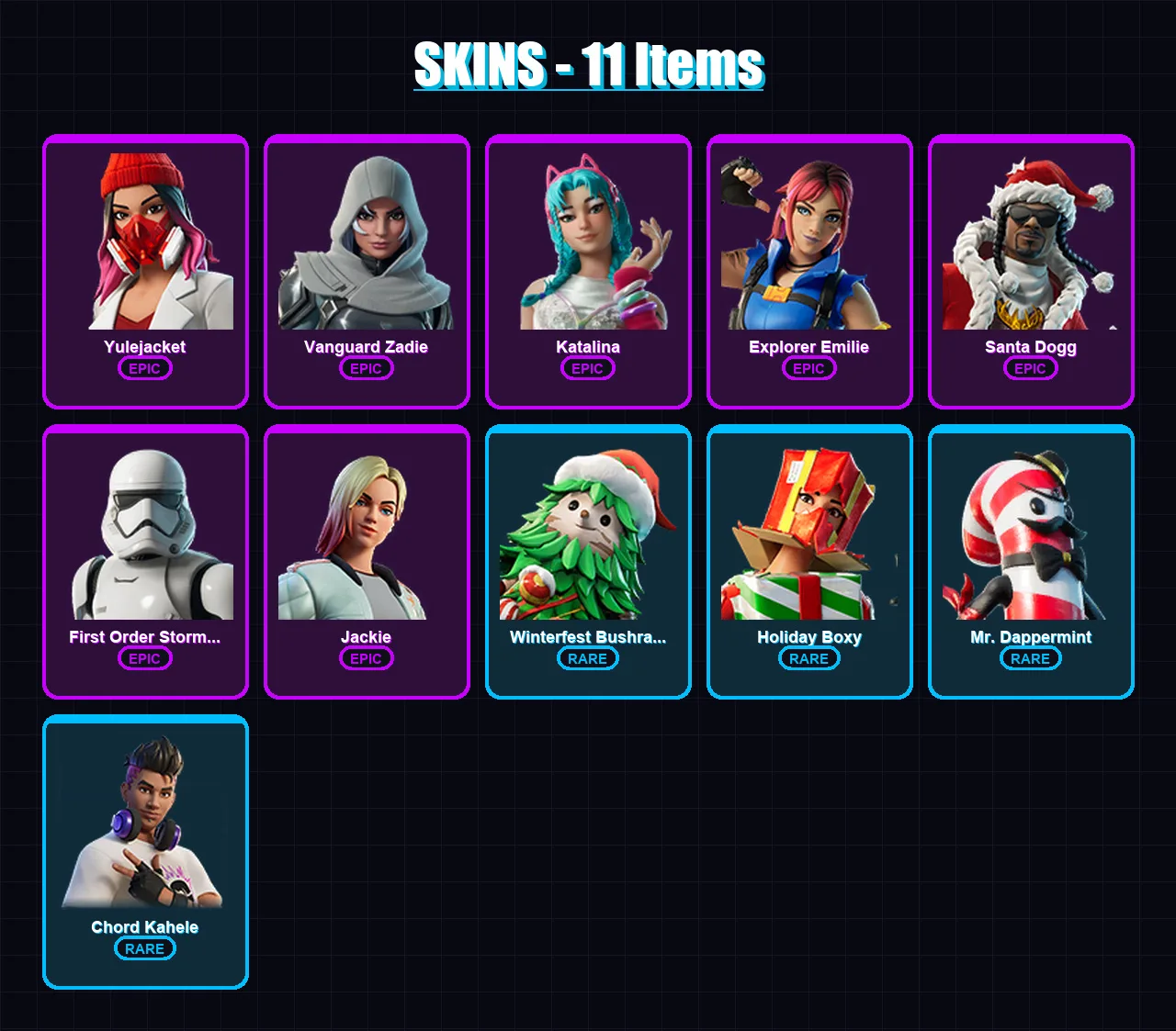 [PC/XBOX/PSN] | Yulejacket | Vanguard Zadie | Katalina | Explorer Emilie | Santa Dogg | 11 skin | 24 pickaxe | 8 emote | 16 glider | Lv164 — Fortnite account