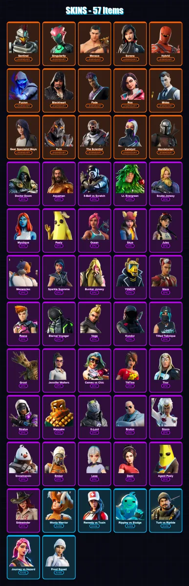 [PC/XBOX/PSN] | Sentinel | Singularity | Menace | Sorana | Hybrid | 57 skin | 59 pickaxe | 54 emote | 57 glider | Lv712
