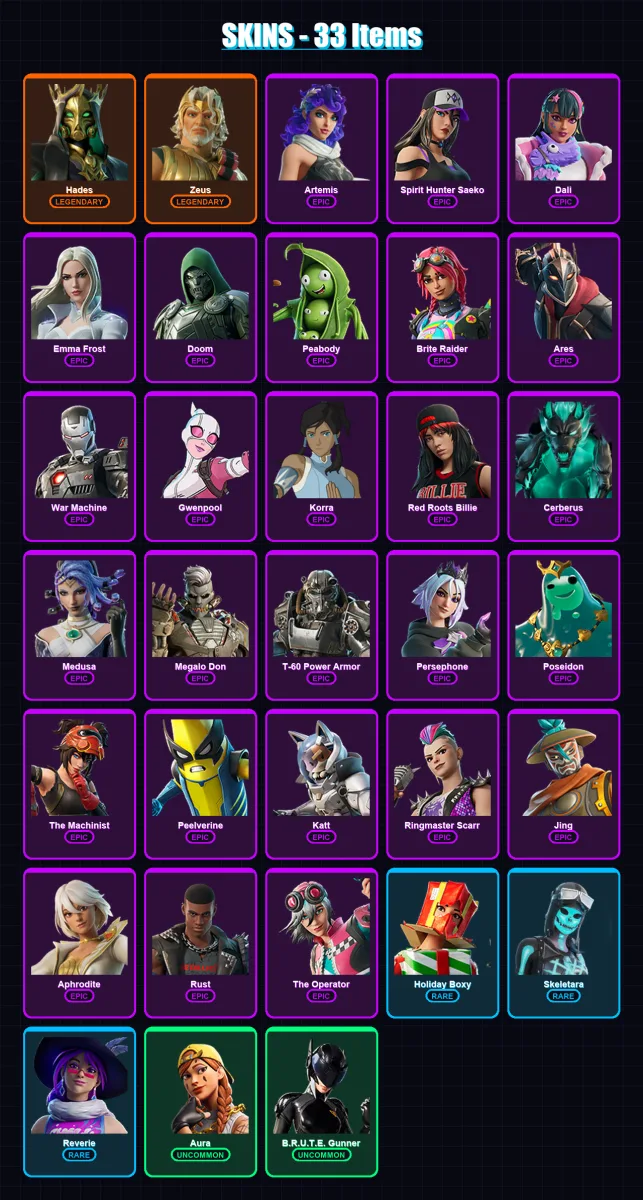 [PC/PSN] | Hades | Zeus | Artemis | Spirit Hunter Saeko | Dali | 33 skin | 56 pickaxe | 35 emote | 36 glider | Lv455