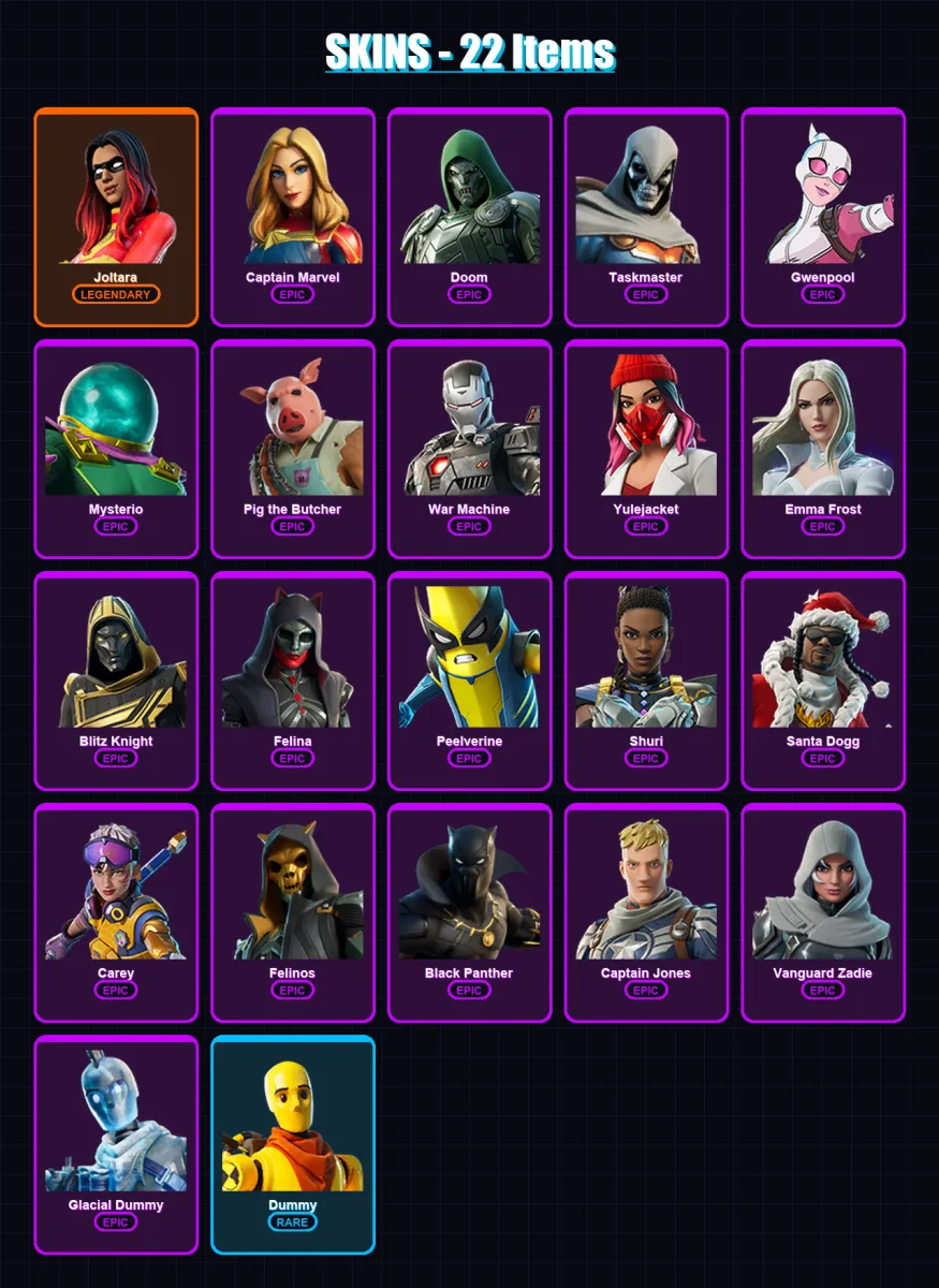 [PC/PSN] | Joltara | Captain Marvel | Doom | Taskmaster | Gwenpool | 22 skin | 94 pickaxe | 34 emote | 51 glider | Lv1681