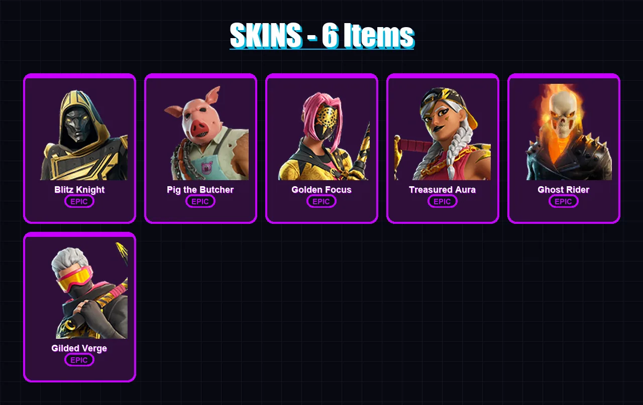 [PC/XBOX/PSN] | Blitz Knight | Pig the Butcher | Golden Focus | Treasured Aura | Ghost Rider | 6 skin | 35 pickaxe | 16 emote | 23 glider | Lv218